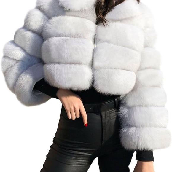 Women Fluffy Faux Fur Coat Cropped Puffer Jacket Winter Warm Fuzzy Teddy Jacket - Picture 3 of 6